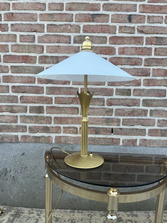 Image 1 of Vintage art deco style messing tafellamp, prachtige zware messing lamp gemaakt voor Frantzen exclusieve verlichting in Italië