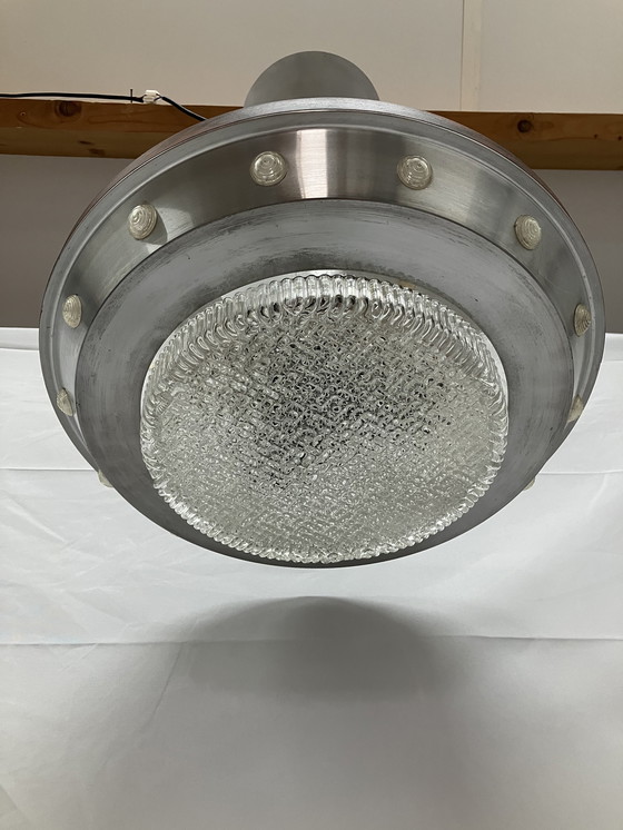 Image 1 of Lampada a sospensione ufo dell'era spaziale vintage in alluminio spazzolato