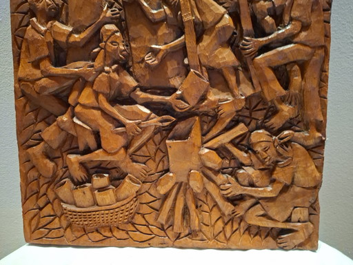Prachtig groot houten reliëfpaneel – Gesigneerd Arius Bejamin (1975) – wanddecoratie, Wood (photo 2 of 2)