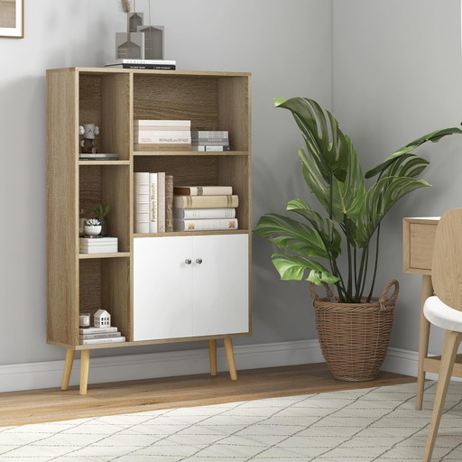 HOMCOM Scandinavisch bibliotheekmeubel afm. 80L x 23,5l x 123H cm 5 nissen Placard 2 Portes Pieds effilés inclinés B