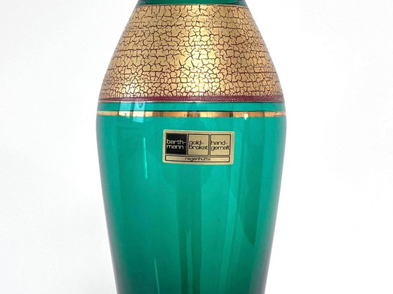 Elegant Vintage Glass Vase by Glashütte Barthmann, Regenhütte, Gold Brocade, Barth-Gold-Mann, Green (photo 2 of 9)