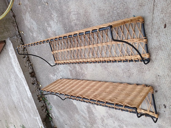 Image 1 of Pair of Vintage Raoul Guys Rattan Wall Shelves, French Mid Century Woven Bamboo Shelving, Boho Modernist Decor