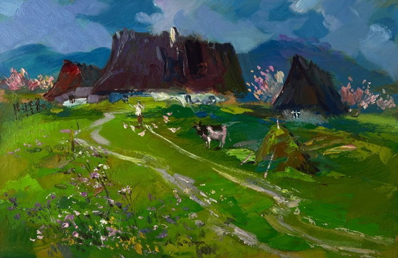 Image 1 of Original Oil Painting Rural Summer Landscape Quiet village on a green hill