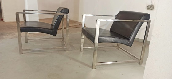 Image 1 of Set of 2 black leather and chrome easy chairs 