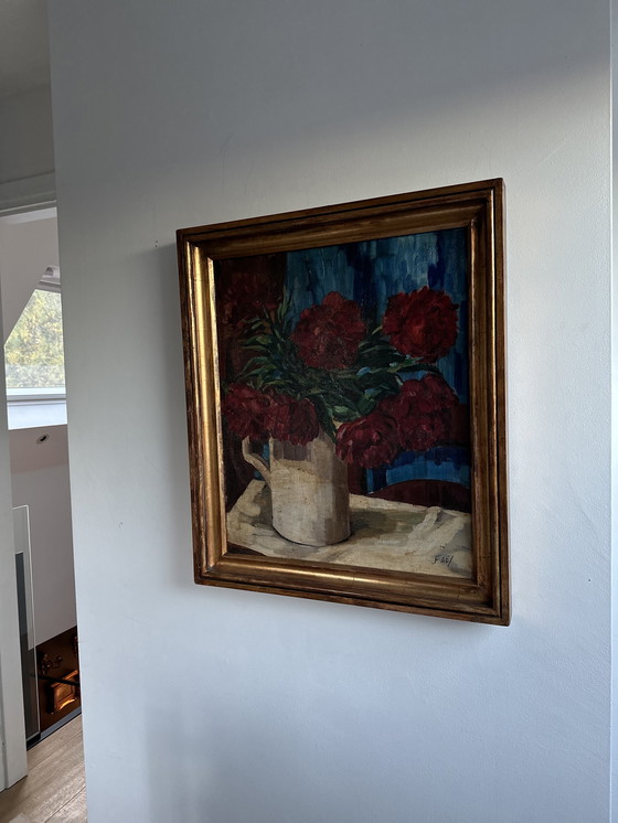 Image 1 of Vintage Oil Painting – Red Peonies in White Jug, Signed FAE, Expressive Floral Still Life, Belgian School Framed Artwork, 20th C