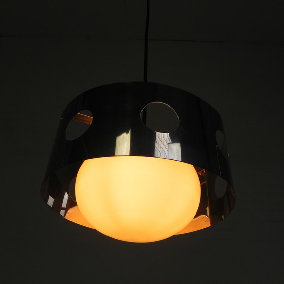 Image 1 of Vintage Hanglamp Met Chromen Cilinder En Glazen Bol
