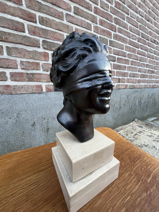 Statue on a travertine pedestal of Lady Justice, Dea Bendata