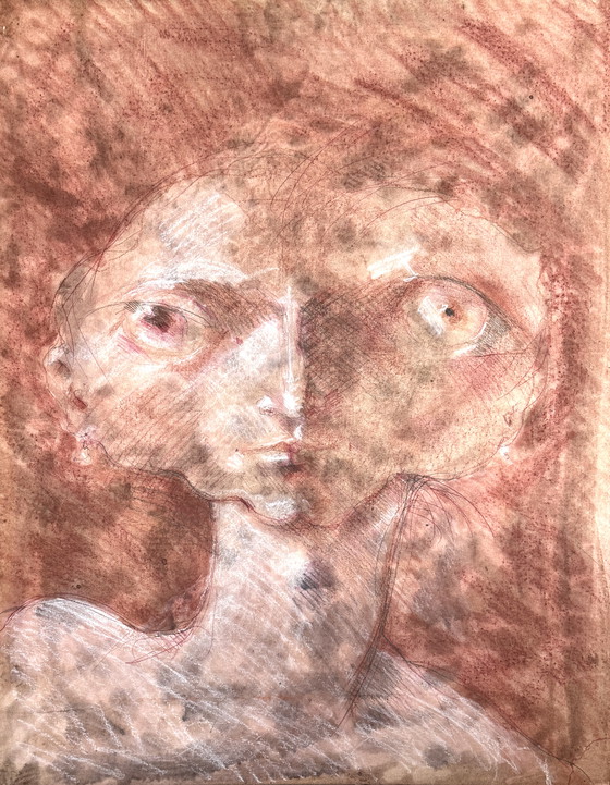 Image 1 of Robert Detheux - Large surrealist portrait on canvas - 80x70cm