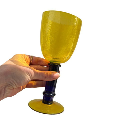 Ensemble de 5 verres Vintage jaune et bleu cobalt - style Memphis - ca. 1980 - Probablement Kosta Boda