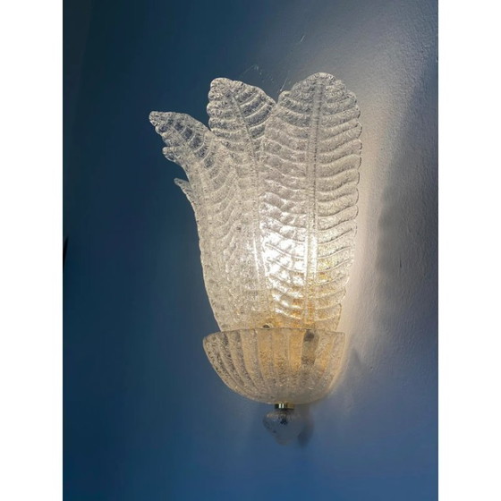 Image 1 of Moderne venezianische Wandleuchten aus transparentem Graniglia-Muranoglas in Blattform – 2er-Set