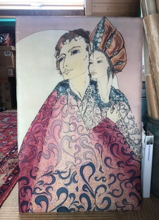 dipinto romantico da favola vintage degli anni '70 su seta