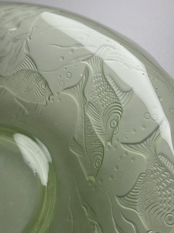 Image 1 of August Walther & Söhne “Arabella” Uranium Glass Centerpiece Bowl – Art Deco Fish Decor – 1930s Germany