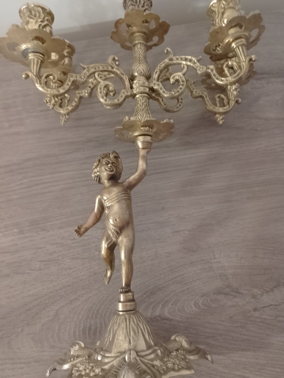 Image 1 of Candélabres baroque en laiton massif style baroque Louis xv chérubin putti 