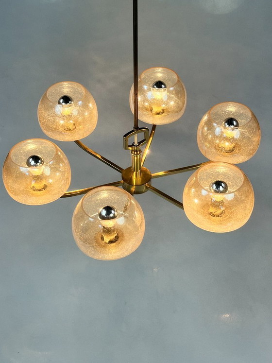 Image 1 of Vintage Brass Chandelier/Pendant Lamp, 6 Arms, Amber Bubble Glass