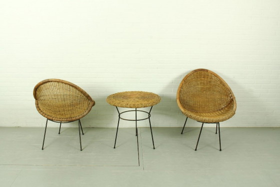 Image 1 of 1950s Italian Rattan Basket Chairs & Matching Bistro Table Set