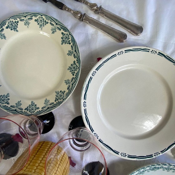 Image 1 of Set of 6 mismatched ironstone dinner plates, antique Sarreguemines earthenware, Choisy le Roi Boulenger Saint Amand