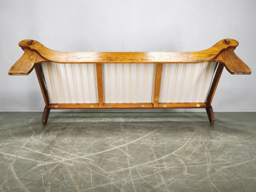 Brutalist Solid Oak and Bouclé Three-Seat Sofa, Czechoslovakia 1970s