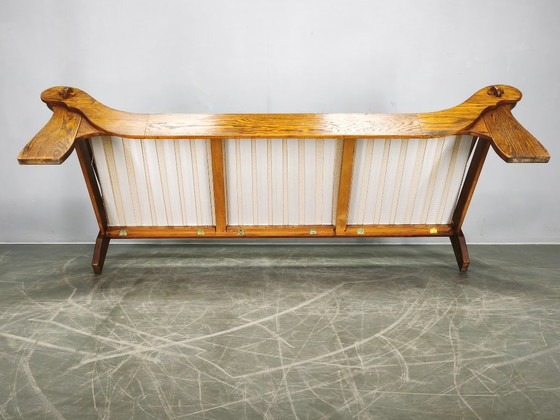 Image 1 of Brutalist Solid Oak and Bouclé Three-Seat Sofa, Czechoslovakia 1970s
