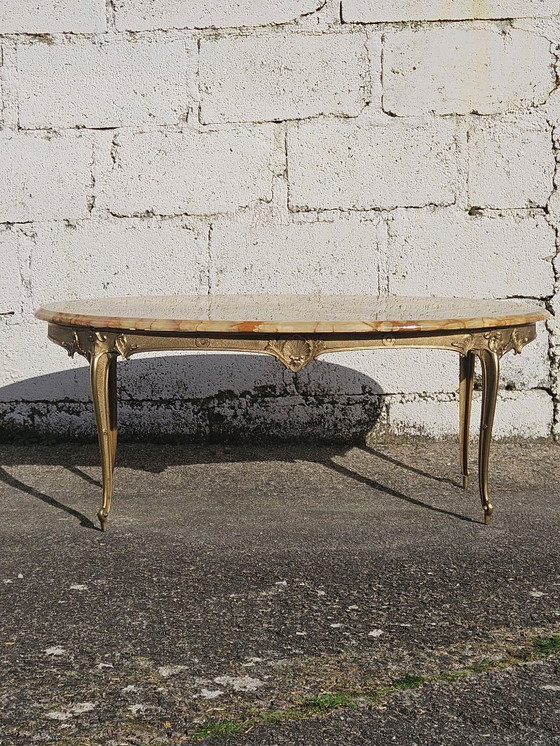 Image 1 of French Vintage oval Onyx Marble and Brass Coffee Table-Marble Cocktail Table-Lounge Table-Style Louis XV-60s