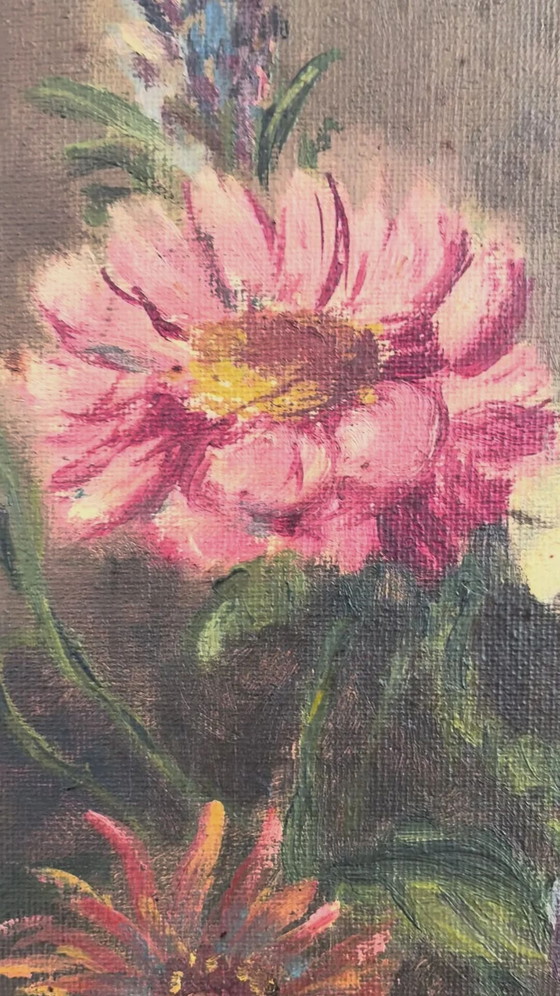 Image 1 of Vintage original floral oil painting with blue and white vase