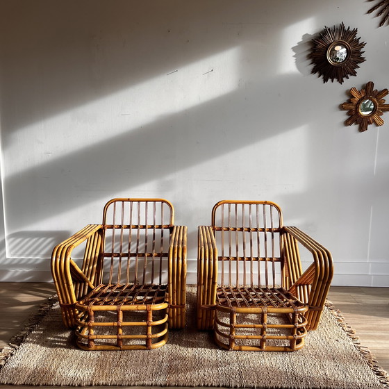 Image 1 of Ensemble de fauteuils en rotin et bambou, style Paul Frankl