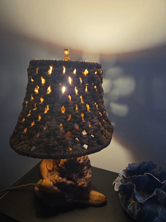 Unique Vintage Handcrafted Table Lamp – Burl Wood & Macrame (Boho / Wabi-Sabi) – Cotton (photo 4 of 6)