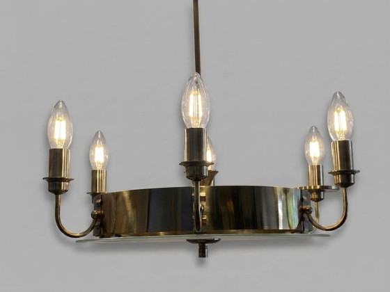Lustre vintage en laiton, style milieu du siècle, années 1950 – Glass, Textile (photo 2 of 8)