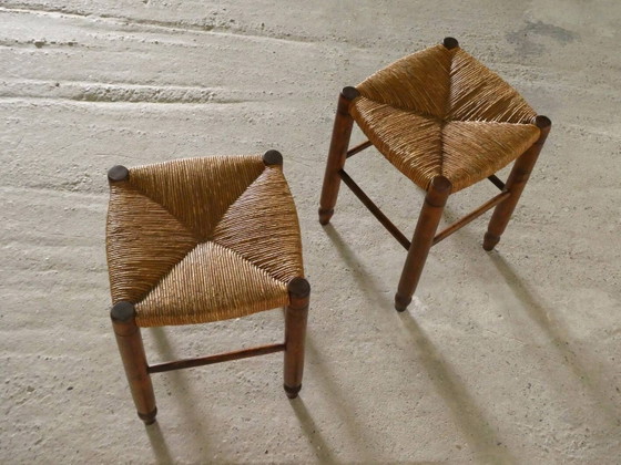 pair of wooden and straw stools, 1960 – Mid Century Modern (photo 4 of 5)