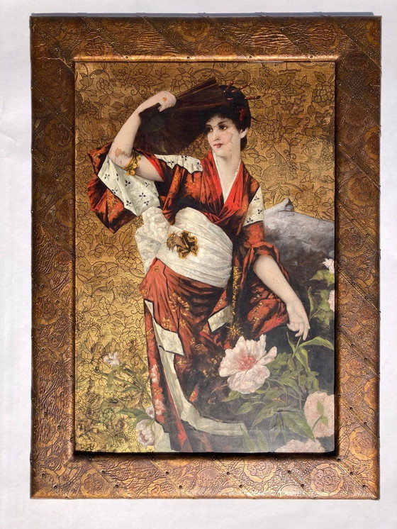 Image 1 of Peinture Art Nouveau sur cuir gaufré par Conrad Kiesel