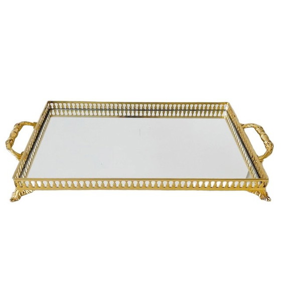 Image 1 of Vassoio italiano di metà secolo Hollywood Regency in ottone specchio vetro