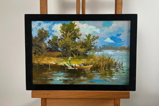 Origineel olieverfschilderij: Zomerlandschap langs de rivier. Zomerse reis langs de rivier.