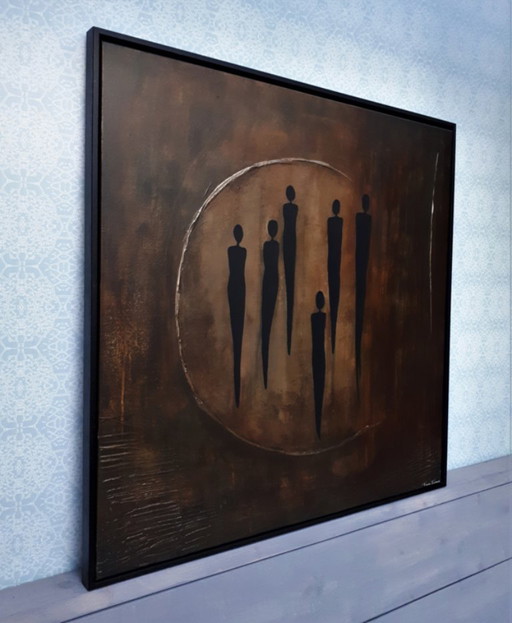 frances eckhardt - peinture figurative 6 figures sombres 90x90 cm encadré
