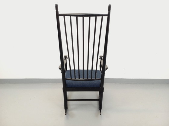 Image 1 of Fauteuil rocking-chair suédois de Karl Axel Adolfsson pour Gemla vintage en bois noir et tissu bouclette des années 50 60