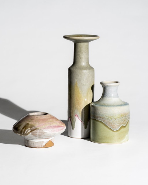 Barbara Stehr Organic Drip Glaze Ceramic Vase Trio – Germany, 1980s–1990s