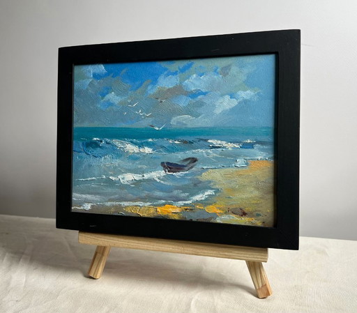 Original Oil Painting Beach Sea Landscape Seagulls on the seashore