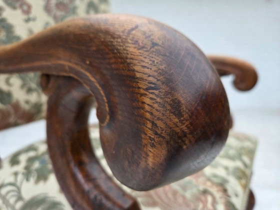 Image 1 of Poltrona scandinava con schienale alto, anni '50, tessuto per mobili, legno di quercia intagliato a mano.