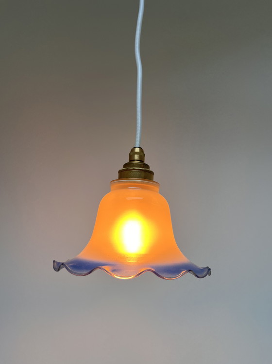 Image 1 of Vintage flower-shaped pendant lamp, frosted glass with blue rim (1970s/1980s)