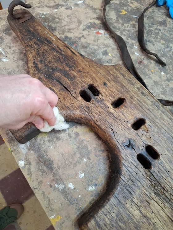 Image 1 of Antique Portuguese Ox Yoke – 19th Century Hand-Carved Wood & Wrought Iron – Rustic Wall Art / Farmhouse Statement Piece – Restor