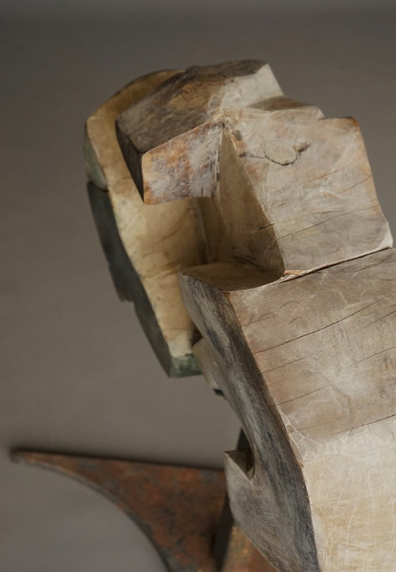 Image 1 of Gesneden brutalistisch abstract beeldhouwwerk, jaren 70, hout en metaal