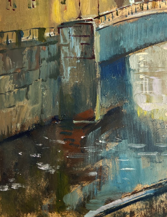 Image 1 of Original Oil Painting Gloomy City Landscape The heart of the city above the river