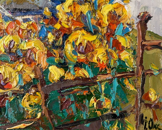 Image 1 of Original Oil Painting Summer Flowers Landscape Sunflower gardens