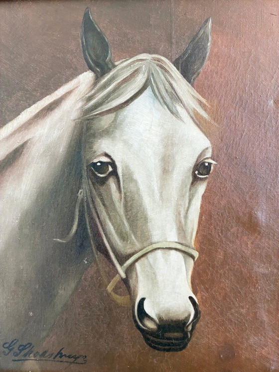 Origineel vintage olieverfschilderij van een wit paard, gesigneerd ruiterportret – Schilderijen & Tekeningen (photo 2 of 19)