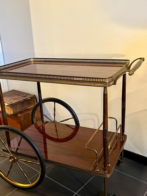Image 1 of Elegante Midcentury vintage bar cart / serveerwagen – messing & massief mahonie ‘40/‘50