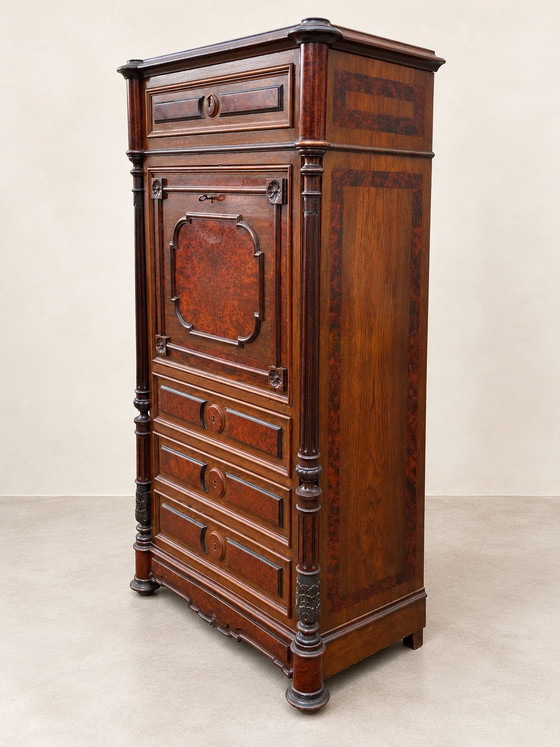 Secretaire con ribalta Napoleone III del XIX secolo in noce e acero, Cassettiere, Legno, Marrone (foto 7 di 11)