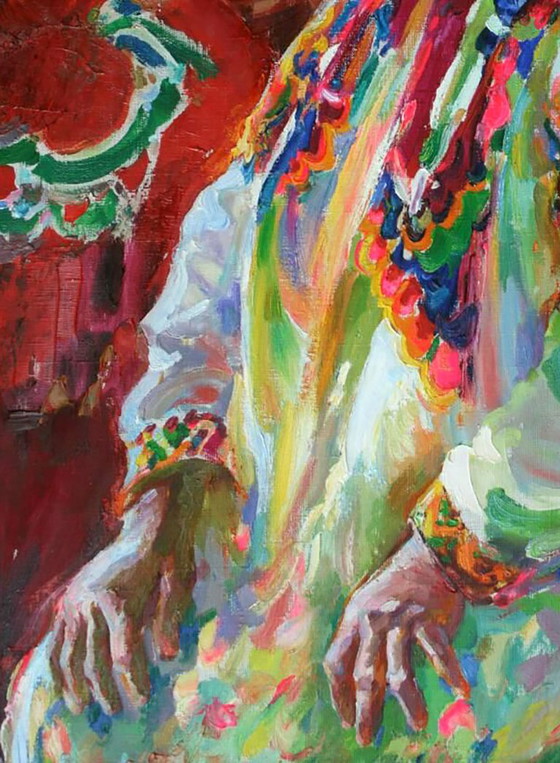 Origineel olieverfschilderij: Portret van een oude vrouw in traditionele feestkleding. (photo 4 of 5)
