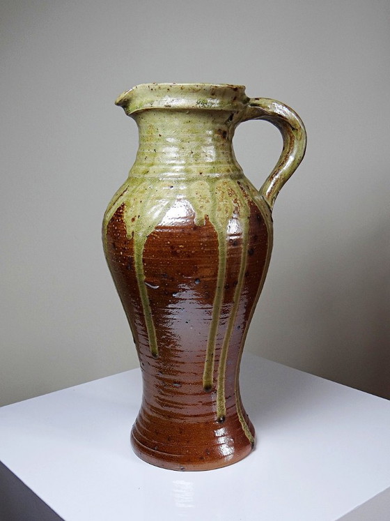 Image 1 of Impressive French stoneware pitcher from the 1960s-70s with a Japanese-inspired ash glaze