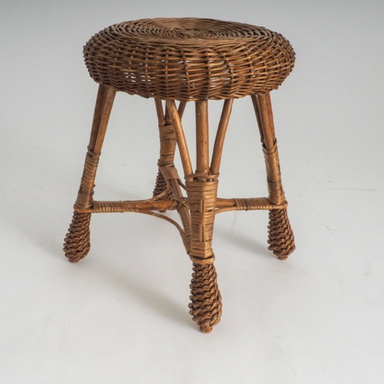 Image 1 of Tabouret vintage en rotin et osier – Support pour plantes