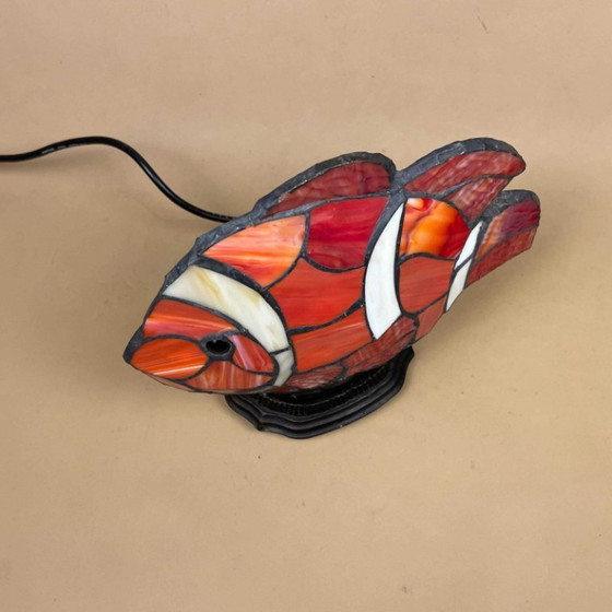 Image 1 of Tiffany Style Clown Fish Lamp Light Bedside Table Patterned Glass Shade Metal Base Brass Antique Pattern Vintage Lampshade Multi