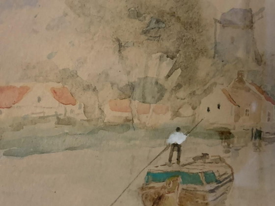Henri Stacquet, Paysage hollandais, Aquarelle, années 1880 – Peintures et dessins, Art Nouveau (photo 4 of 6)