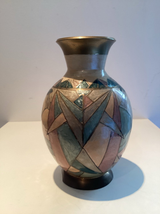 Beautiful vintage Art Deco style vase in solid brass with handmade geometric pattern., Metal, Blue (photo 2 of 5)